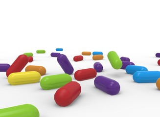 3d illustration of colored pills. white background isolated. icon for game web.