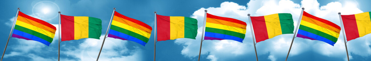 Gay pride flag with Guinea flag, 3D rendering