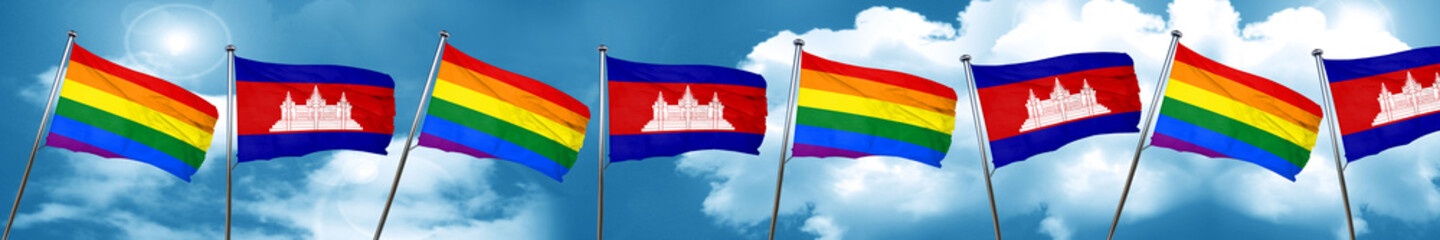 Gay pride flag with Cambodia flag, 3D rendering