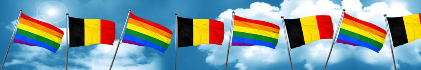 Gay pride flag with Belgium flag, 3D rendering