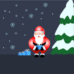Santa Claus in red costume holding  blue gift box and fir on snowy background 