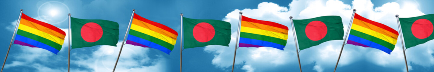 Gay pride flag with Bangladesh flag, 3D rendering