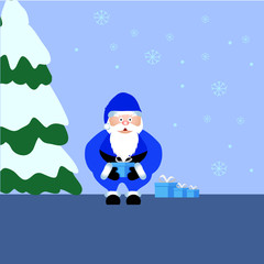 Santa Claus in blue costume holding blue gift box and fir on snowy background 
