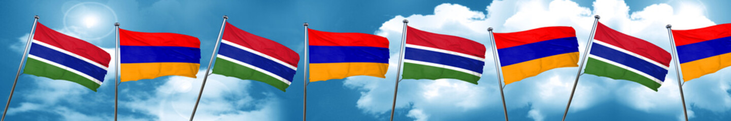 Gambia flag with Armenia flag, 3D rendering