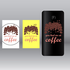 colored stickers for mobile phone with inscription you had me at coffee on grey background 