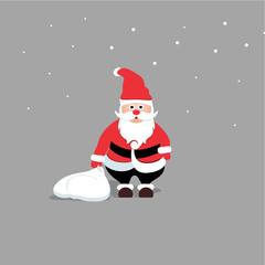 Santa Claus character in red costume holding bag on grey background