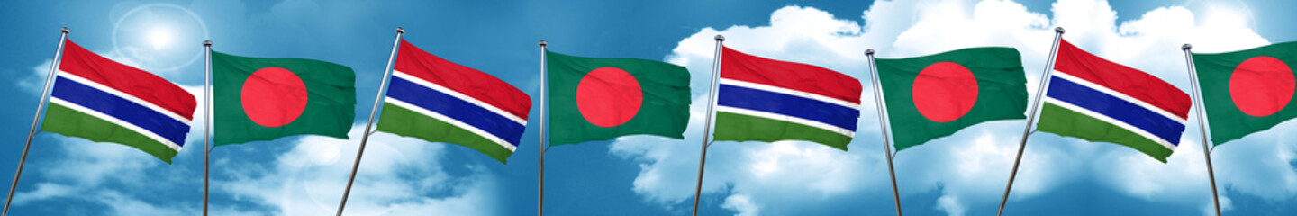 Gambia flag with Bangladesh flag, 3D rendering