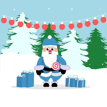 Santa Claus in blue costume holding candy with firs on background