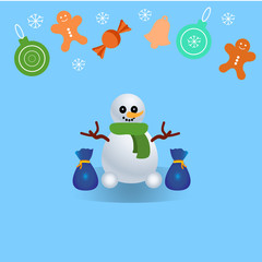 funny snowman with green scarf and Christmas decorations on blue background