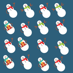 set of funny snowmen with colored scarves and gifts on blue background