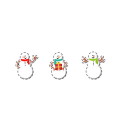 three funny snowmen with colored scarves isolated on white background
