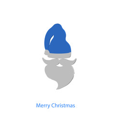 Beard with mustache and blue hat of Santa Claus with inscription Merry Christmas isolated on white background