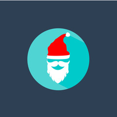 Beard with mustache and hat of Santa Claus icon with long shadow in center of blue circle