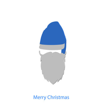 Beard with mustache and blue hat of Santa Claus with inscription Merry Christmas isolated on white background