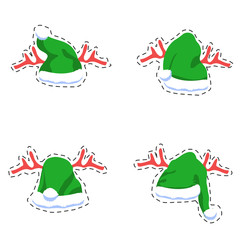 Collection green Christmas hats with red deer horns isolated on white background, vector, illustration