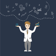 businessman with graph and coin at hands with business icons on background