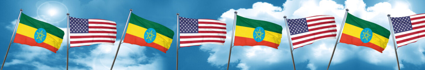 Ethiopia flag with American flag, 3D rendering