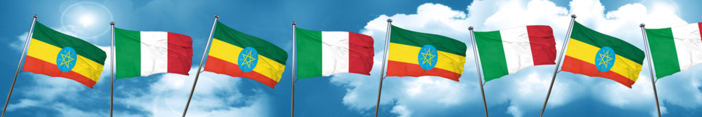 Ethiopia flag with Italy flag, 3D rendering