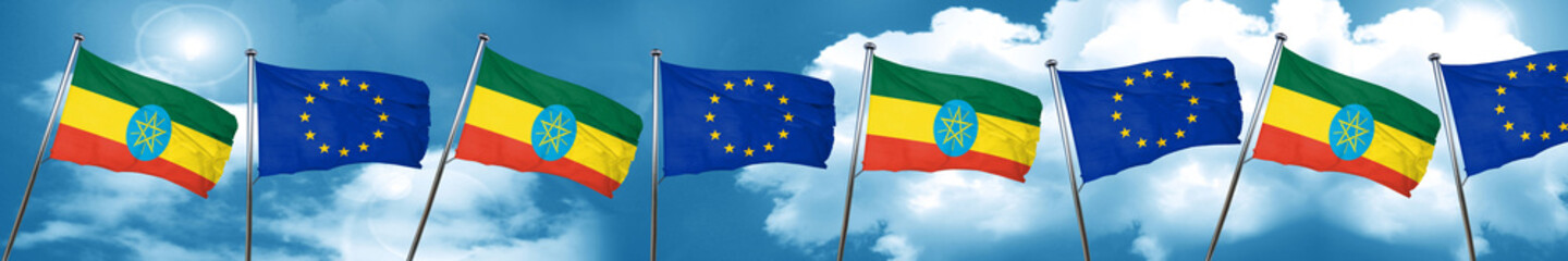Ethiopia flag with european union flag, 3D rendering