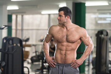 Fototapeta na wymiar Hairy Muscular Man Flexing Muscles In Gym