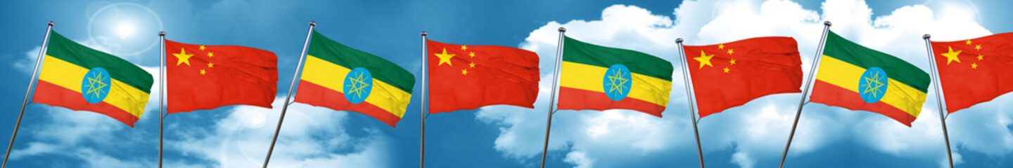 Ethiopia flag with China flag, 3D rendering