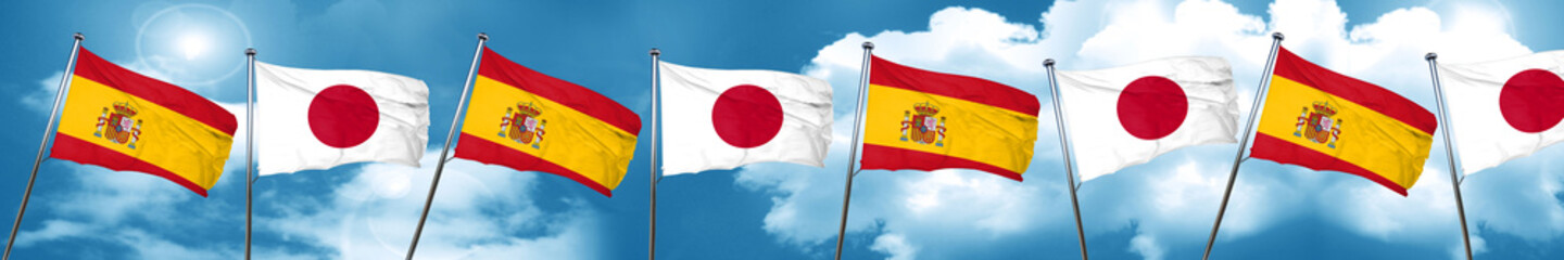 Spanish flag with Japan flag, 3D rendering