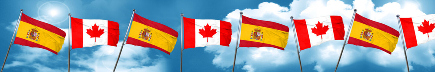 Spanish flag with Canada flag, 3D rendering