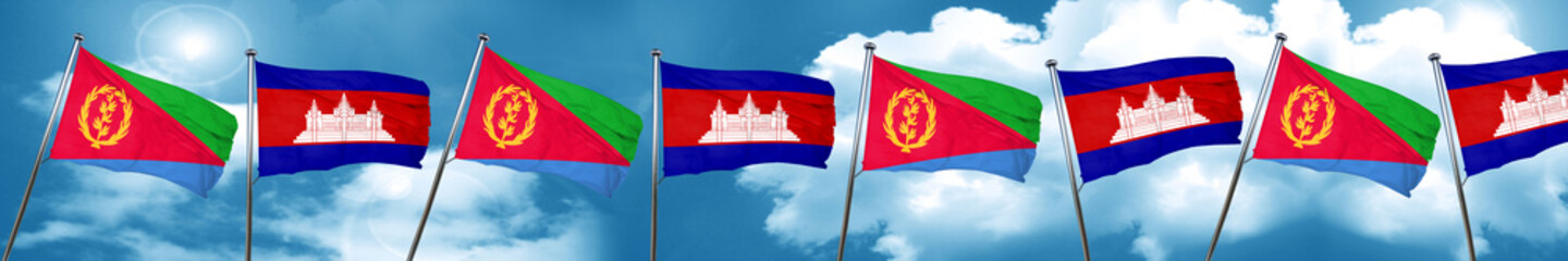 Eritrea flag with Cambodia flag, 3D rendering