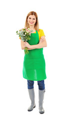 Beautiful woman florist holding flower bouquet isolated on white background