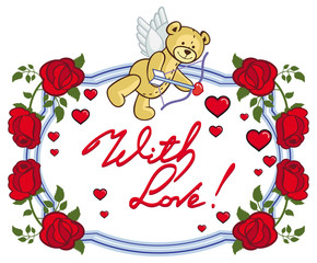 Oval frame with red roses, teddy bear, looks like a Cupid
