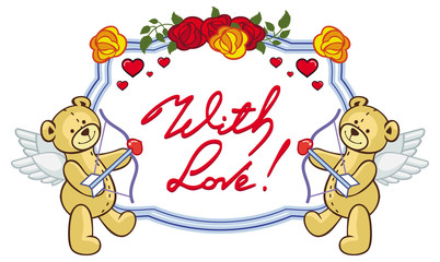 Oval frame with red roses, teddy bear, looks like a Cupid