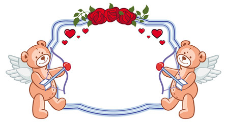 Color frame with roses and teddy bear with bow and wings, looks like a Cupid.