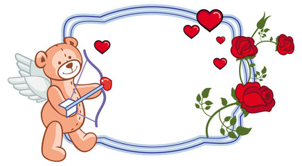 Color frame with roses and teddy bear with bow and wings, looks like a Cupid.