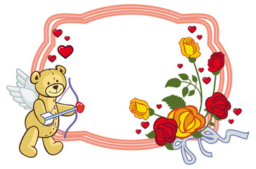 Color frame with roses and teddy bear with bow and wings, looks like a Cupid.