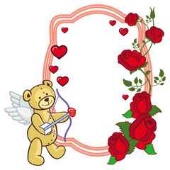 Color frame with roses and teddy bear with bow and wings, looks like a Cupid.