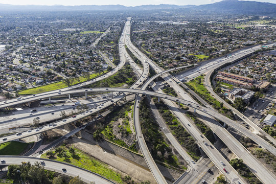 Aerial view of the Golden State 5 and Route 118 freeway interchange in the San Fernando Valley area of Los Angeles California. 