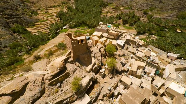 Aerial footage of village of Bilad Sayt in Al Hajar Mountains in Oman