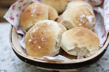 Freshly baked bread rolls in a basket