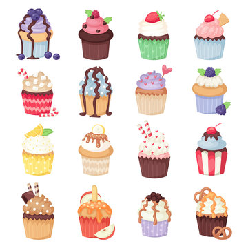 Set of cute vector cupcakes and muffins isolated on white