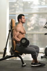 Fototapeta na wymiar Muscular Man Exercising Biceps With Dumbbell
