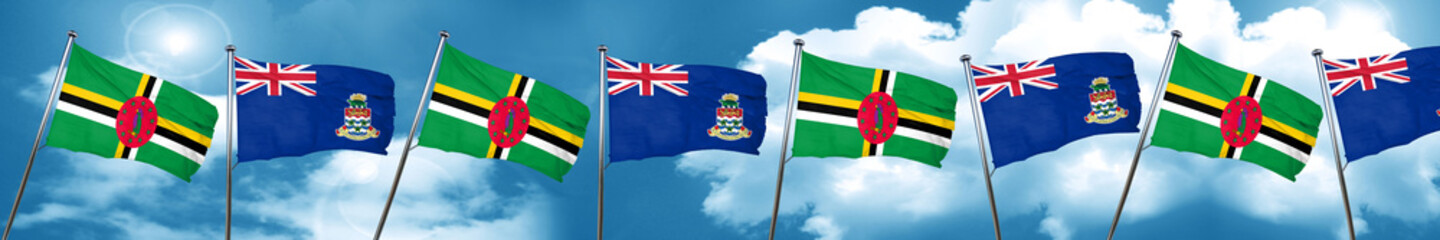 Dominica flag with Cayman islands flag, 3D rendering