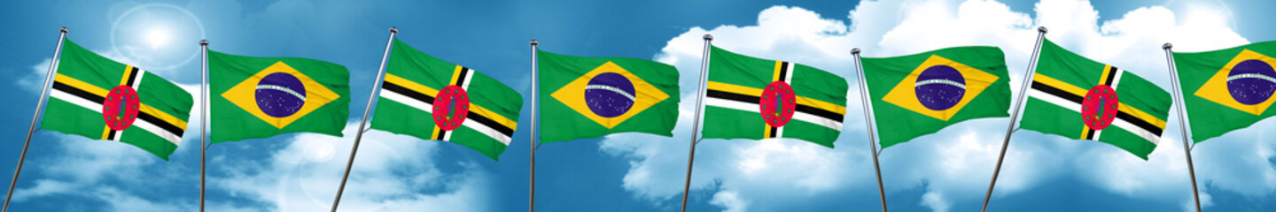 Dominica flag with Brazil flag, 3D rendering