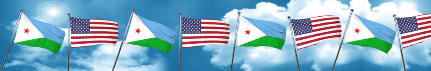 Djibouti flag with American flag, 3D rendering