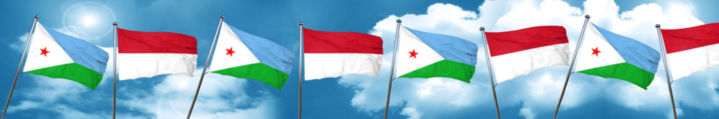 Djibouti flag with Indonesia flag, 3D rendering