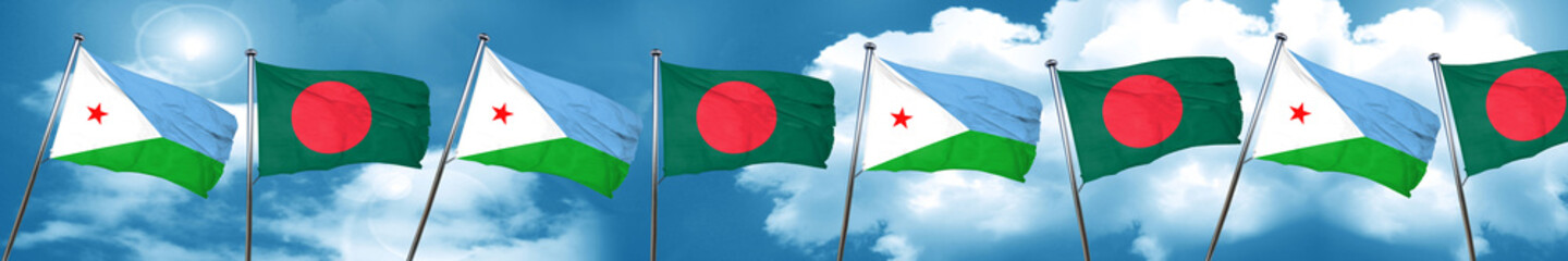 Djibouti flag with Bangladesh flag, 3D rendering