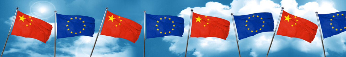 China flag with european union flag, 3D rendering