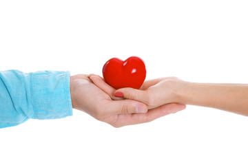 Couple hands with red heart on white background