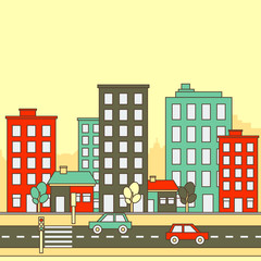 Flat Style Cartoon-like Outlined Urban Retro City | Editable vector illustration for urban life environment related or illustration for children