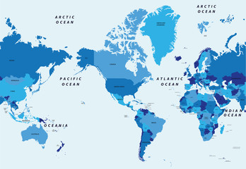 Fototapeta premium Detailed vector illustration world political map centered by America