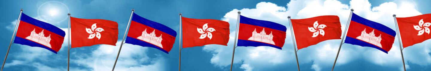 Cambodia flag with Hong Kong flag, 3D rendering